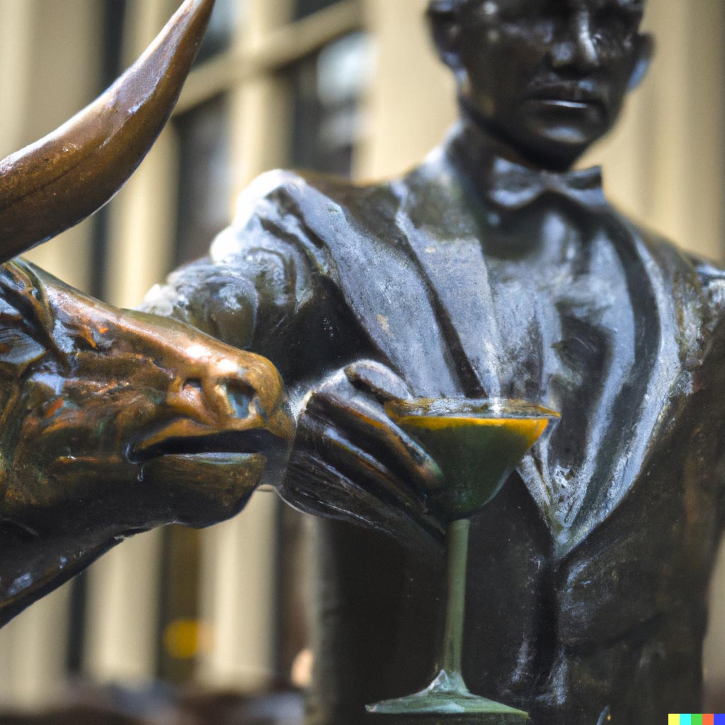 DALL·E prompt: Bronze bull statue in a suit drinking a martini